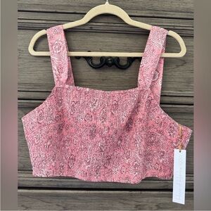 NEW House of Harlow 1960 Pink Floral Smocked Crop Top NWT White Tie Back Cotton